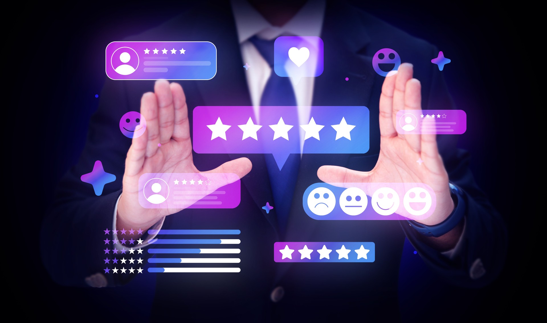 modern Purple and blue gradient five star ratings and reviews customer satisfaction hovering between hands, playful, feedback, user, glowing, pink positive comments