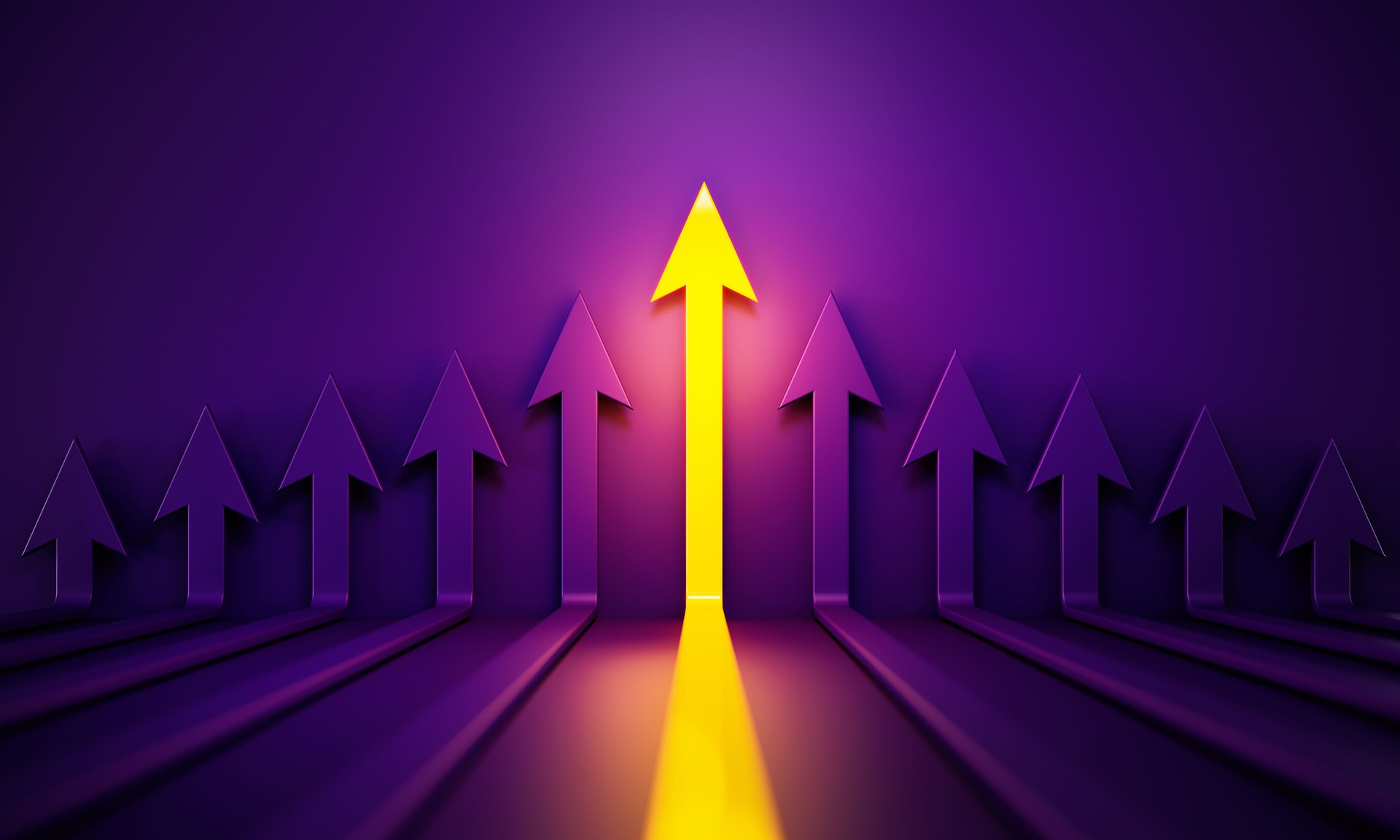 Yellow And Purple Arrows Glowing Before Purple Background